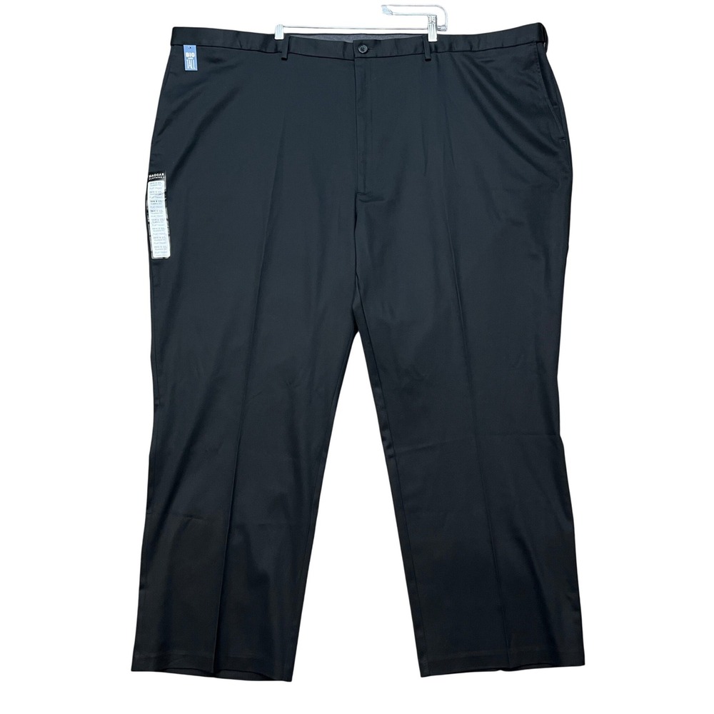 Haggar Khaki Pants Mens 56x32 Black Flat Front Straight Leg Expandable Waist NEW